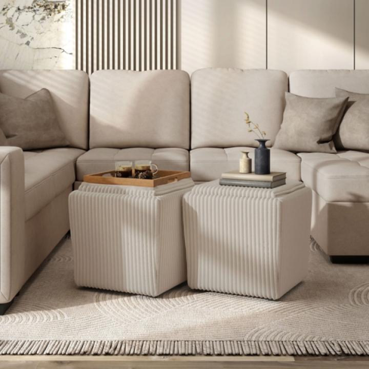 Beige Corduroy Square Storage Ottoman