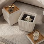 Beige Corduroy Square Storage Ottoman