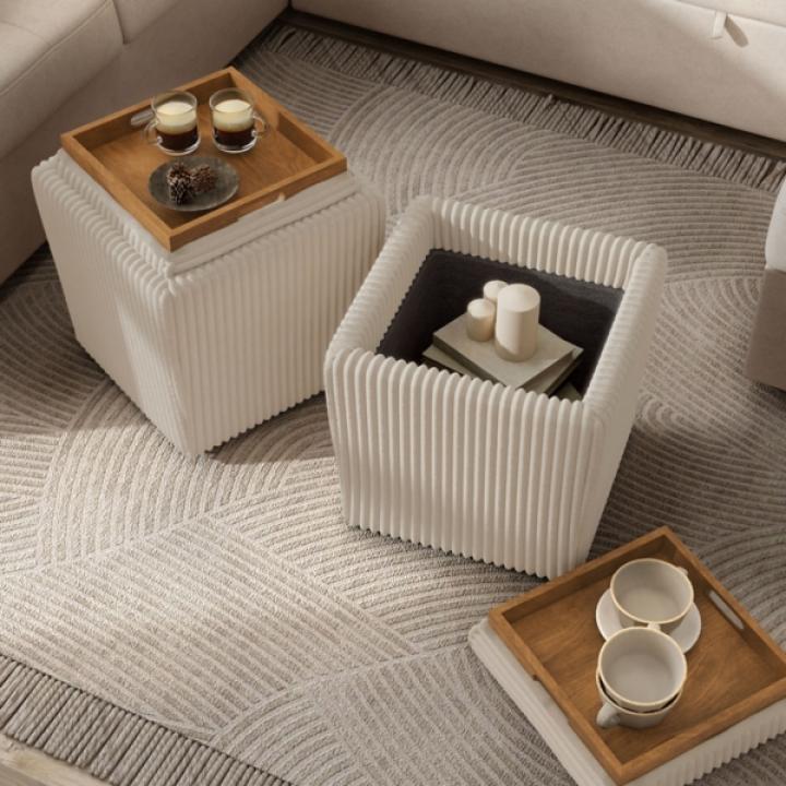 Beige Corduroy Square Storage Ottoman