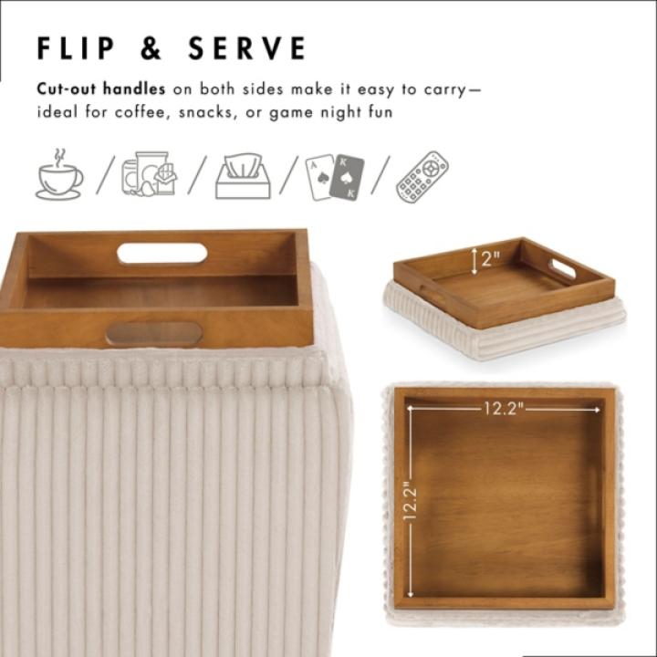 Beige Corduroy Square Storage Ottoman
