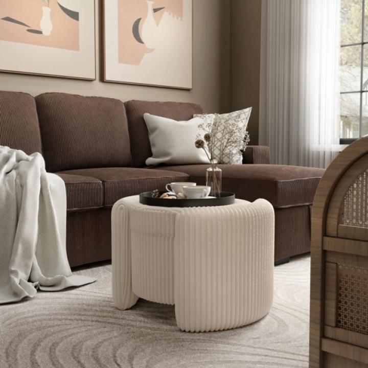 Beige Corduroy Tufted Storage Ottoman