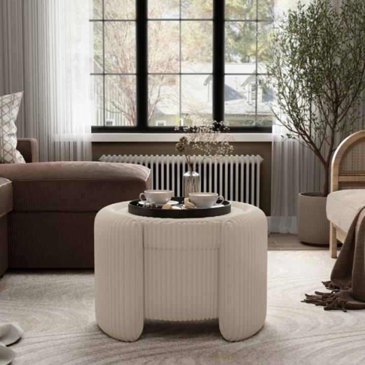 Beige Corduroy Tufted Storage Ottoman