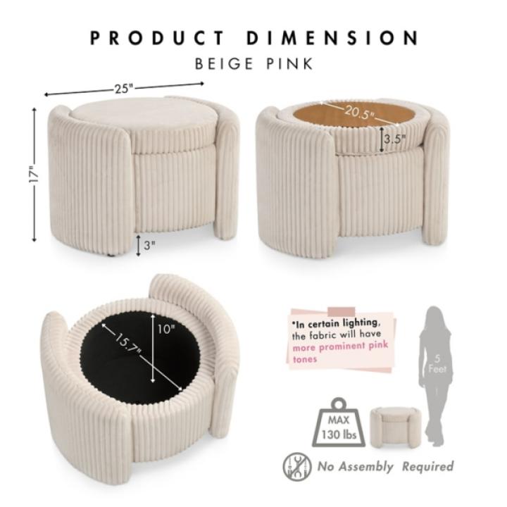 Beige Corduroy Tufted Storage Ottoman