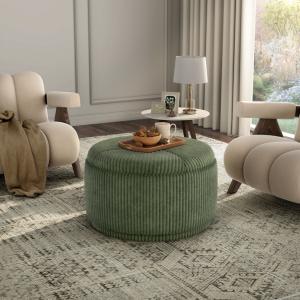 Green Corduroy Round Tufted Storage Ottoman