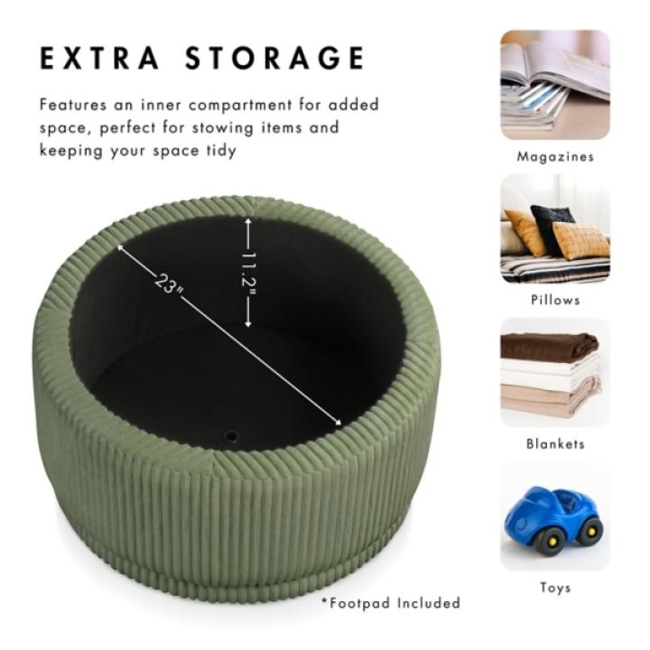 Green Corduroy Round Tufted Storage Ottoman