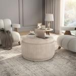 Beige Corduroy Round Tufted Storage Ottoman