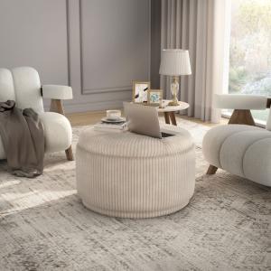 Beige Corduroy Round Tufted Storage Ottoman