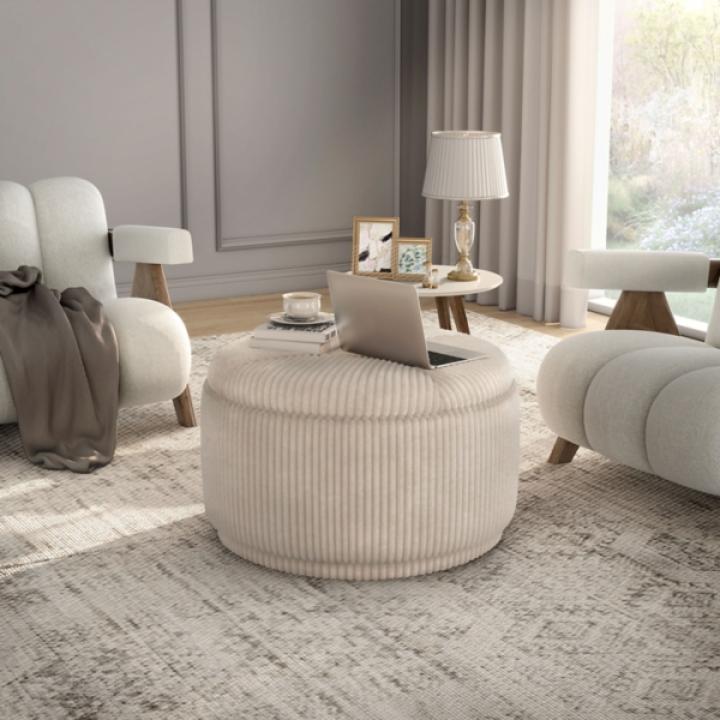 Beige Corduroy Round Tufted Storage Ottoman