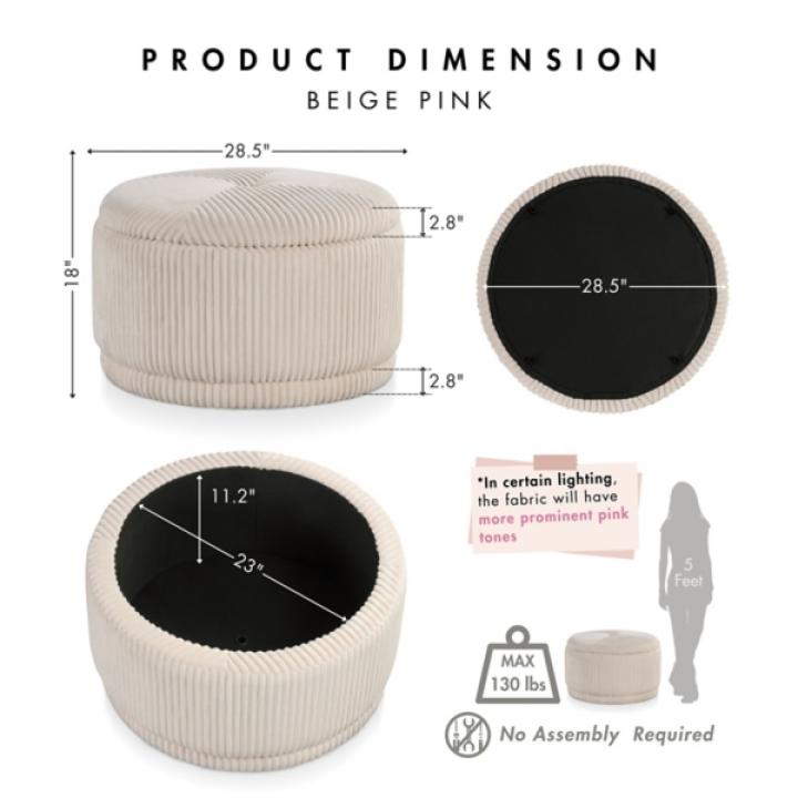 Beige Corduroy Round Tufted Storage Ottoman