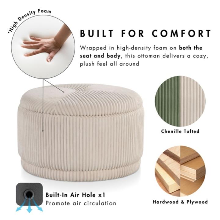 Beige Corduroy Round Tufted Storage Ottoman