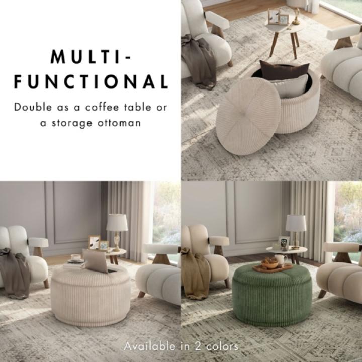 Beige Corduroy Round Tufted Storage Ottoman