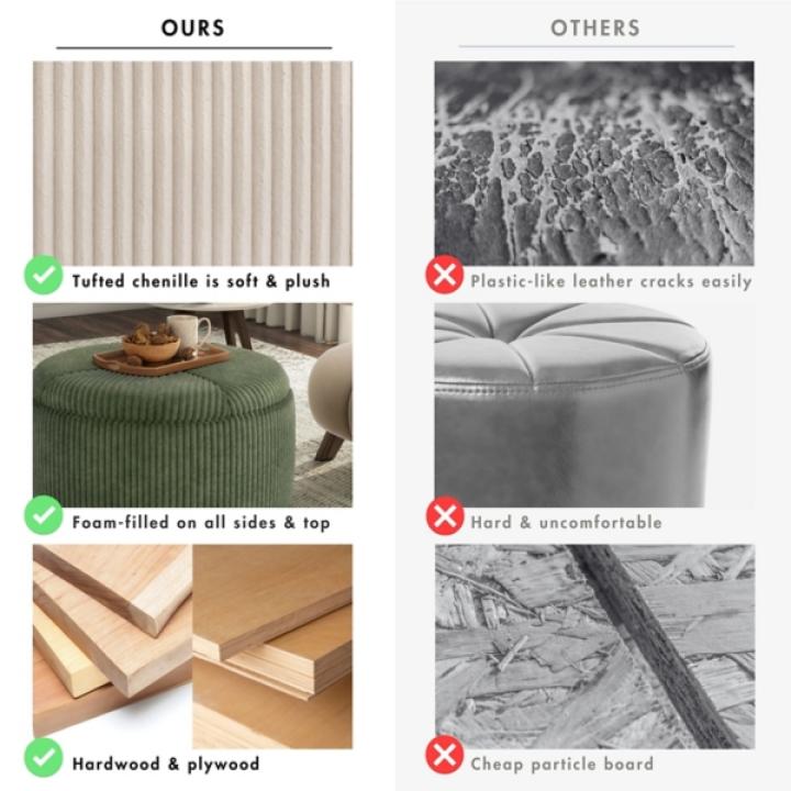 Beige Corduroy Round Tufted Storage Ottoman