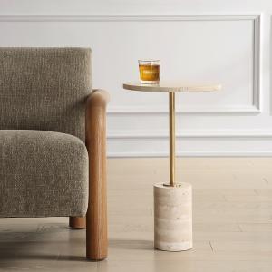 Travertine and Brass Metal Round Accent Table