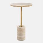 Travertine and Brass Metal Round Accent Table