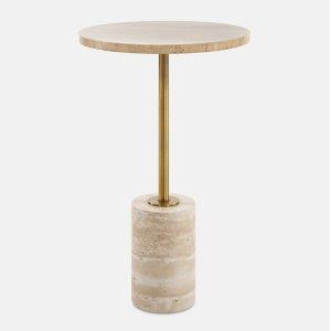 Travertine and Brass Metal Round Accent Table