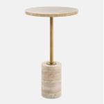 Travertine and Brass Metal Round Accent Table