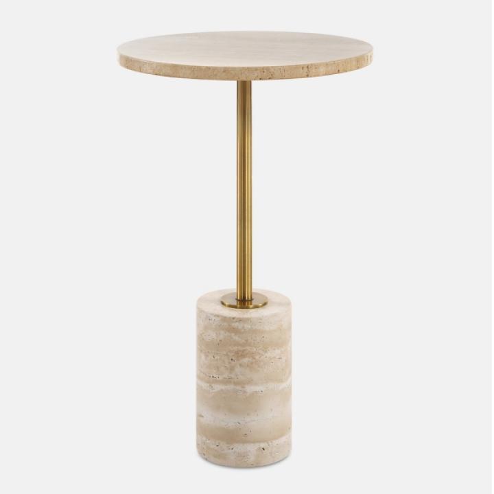 Travertine and Brass Metal Round Accent Table
