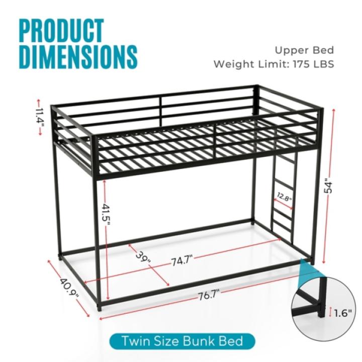 White Metal Low Profile Harrow Twin Bunk Bed