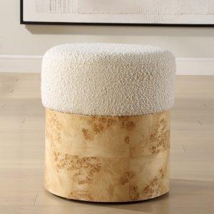 Ivory Boucle Upholstered Burlwood Ottoman