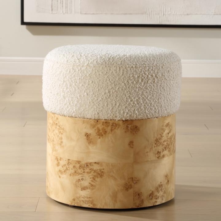 Ivory Boucle Upholstered Burlwood Ottoman