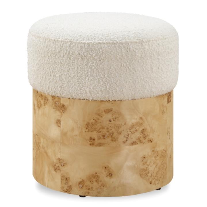 Ivory Boucle Upholstered Burlwood Ottoman