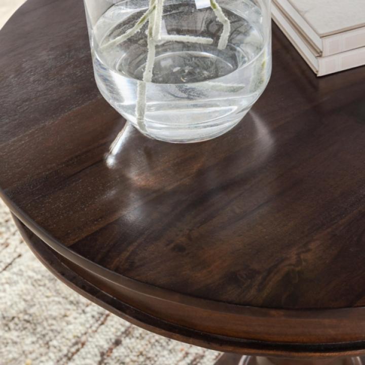 Brown Carved Pedestal Base Mango Wood Accent Table