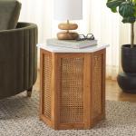 Brown Rattan and Faux Marble Sophie Accent Table