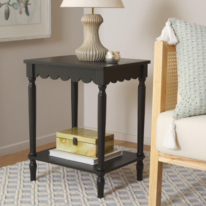 Scalloped Black Wood Cottage Accent Table