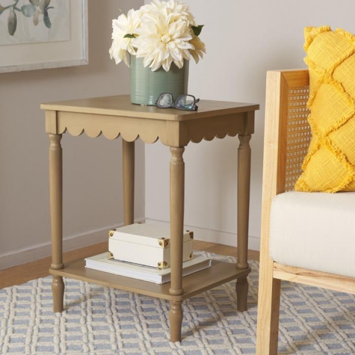 Scalloped Brown Wood Cottage Accent Table