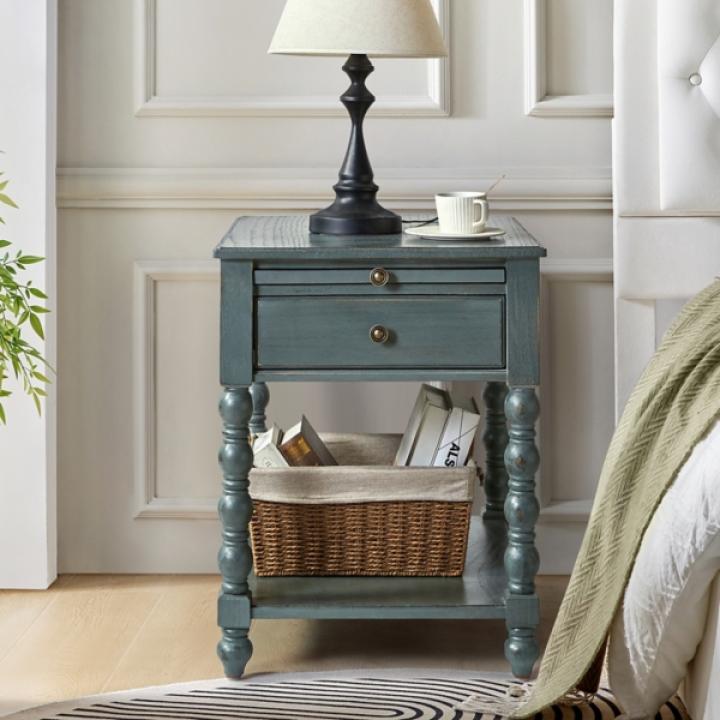 Erica Distressed Blue Wood Spindle End Table