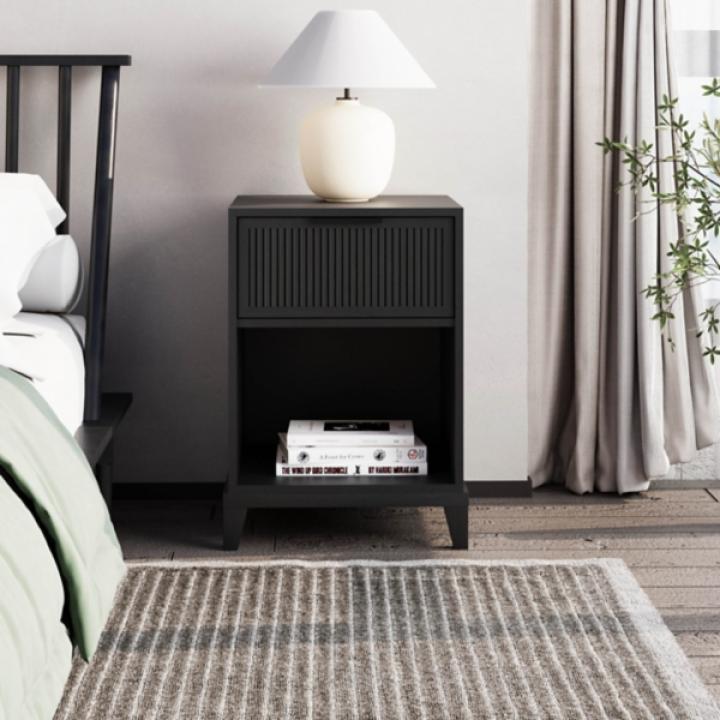 Black Wood Reeded Storage Nightstand