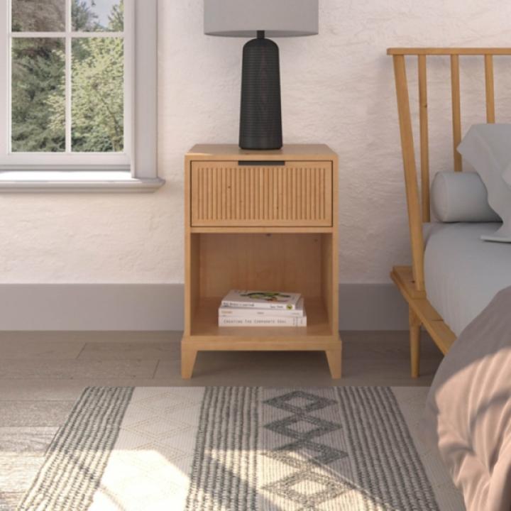 Natural Wood Reeded Storage Nightstand