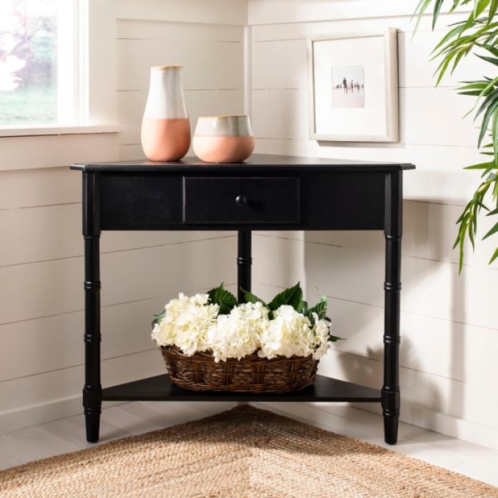 Distressed Black Wood Selena Corner Accent Table
