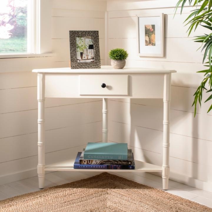 Distressed Cream Wood Selena Corner Accent Table