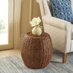 Round Brown Rattan Barrel Accent Table