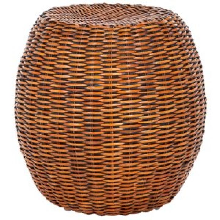 Round Brown Rattan Barrel Accent Table