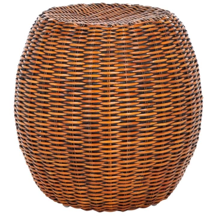 Round Brown Rattan Barrel Accent Table