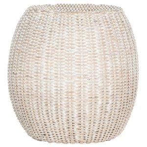Round White Rattan Barrel Accent Table