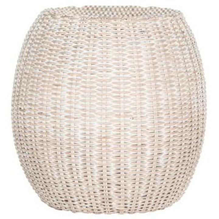 Round White Rattan Barrel Accent Table