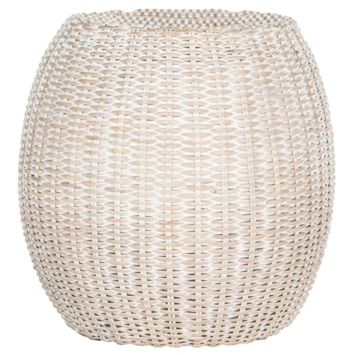 Round White Rattan Barrel Accent Table