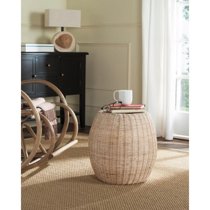 Round Ivory Rattan Barrel Accent Table