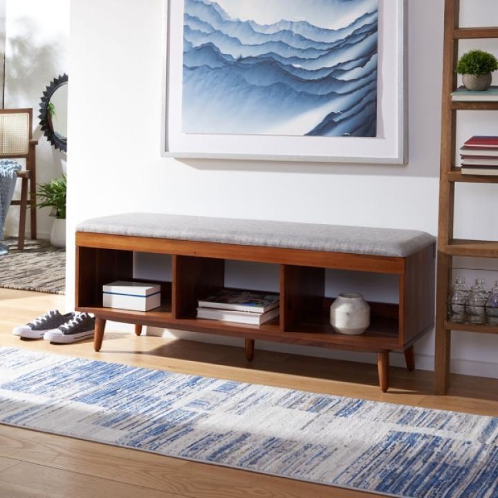 Gray Linen Norma Open Shelf Wood Bench