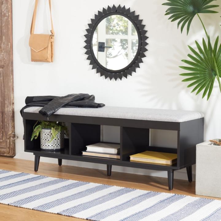 Gray Linen Norma Open Shelf Black Bench