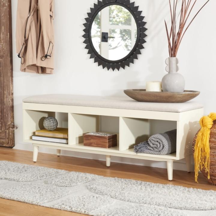 Cream Linen Norma Open Shelf White Bench