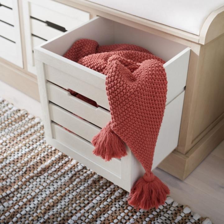 Tan Wood Zella Upholstered Storage Bench