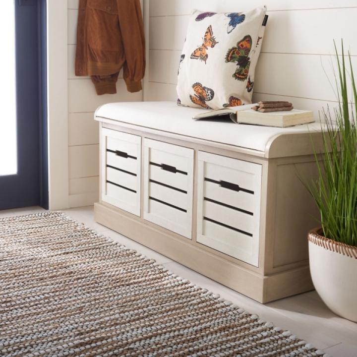 Tan Wood Zella Upholstered Storage Bench
