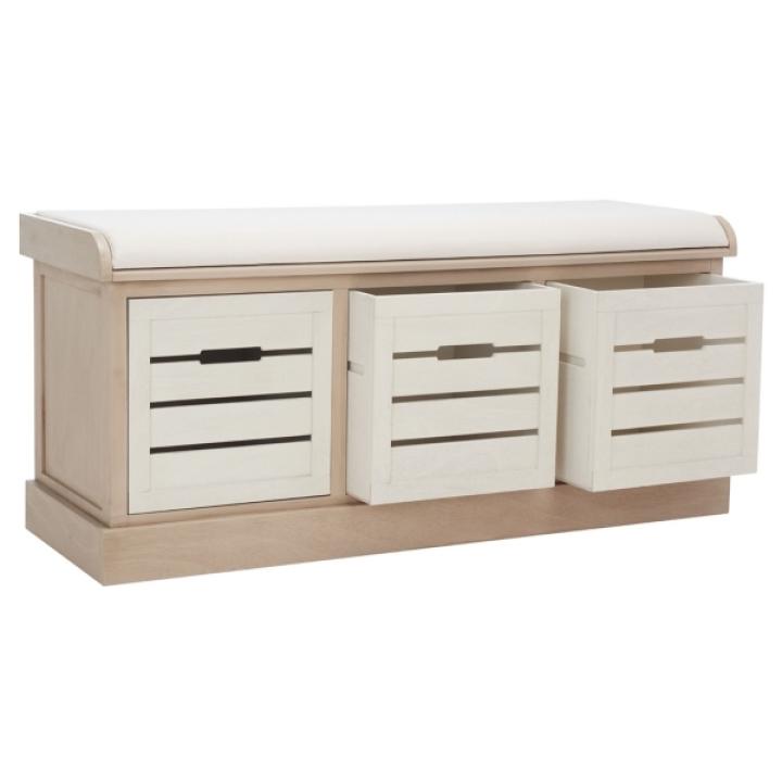 Tan Wood Zella Upholstered Storage Bench