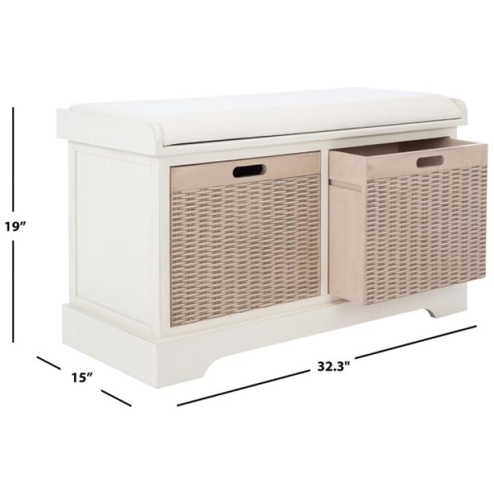 White Upholstered Lanie 2-Drawer Storage Bench