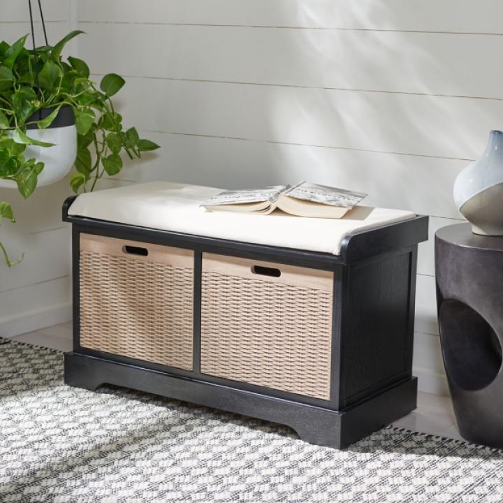 Black Upholstered Lanie 2-Drawer Storage Bench
