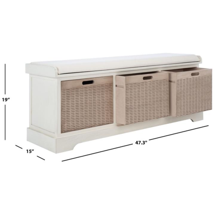White Upholstered Lanie 3-Drawer Storage Bench